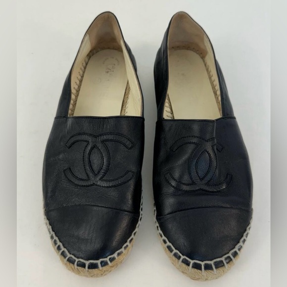 CHANEL Shoes - Chanel Espadrilles-Flats Sz 7 (37). Soft black leather with tan soles. Authentic